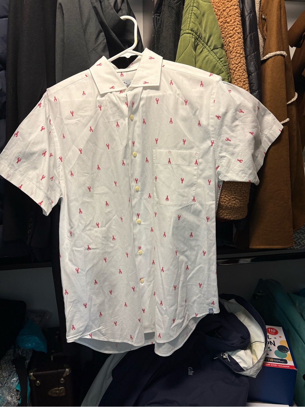 Peter Millar White Short-Sleeve Button-Down with Red Lobster Print